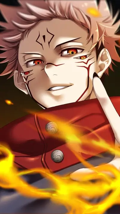 Fiery character portrait, intense gaze, red clothing