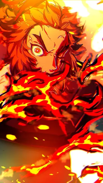 Fiery demon slayer character, intense expression