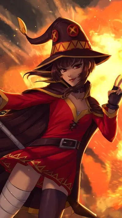 Fiery explosion background, red-clad female character
