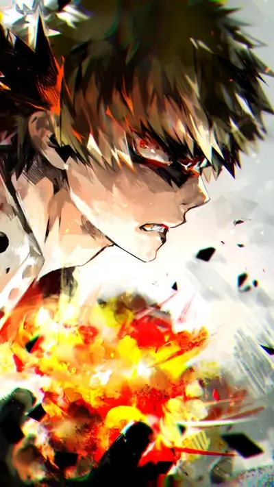 Fiery explosion, intense expression, spiky hair