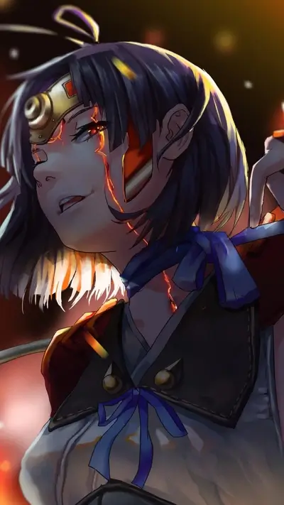 Fiery female character with glowing wounds