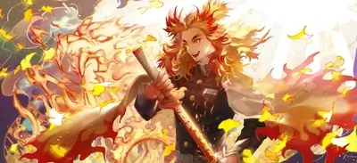 Fiery figure wielding a katana, surrounded by flames and ginkgo leaves