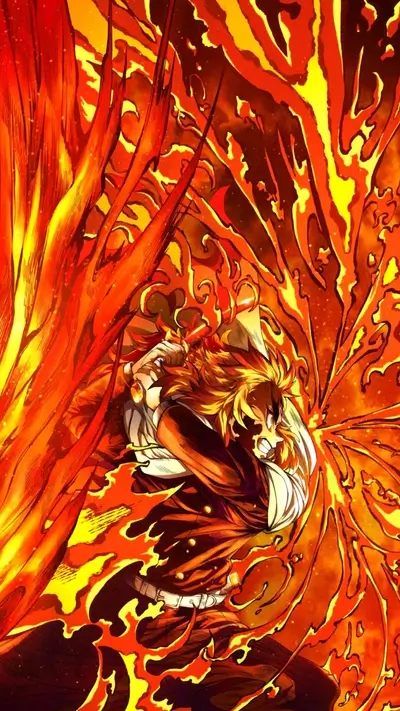 Fiery figure wielding a weapon, engulfed in flames