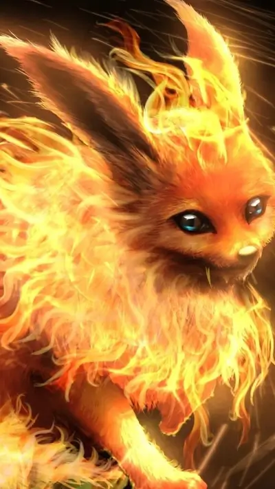 Fiery fox creature, bright orange fur, glowing