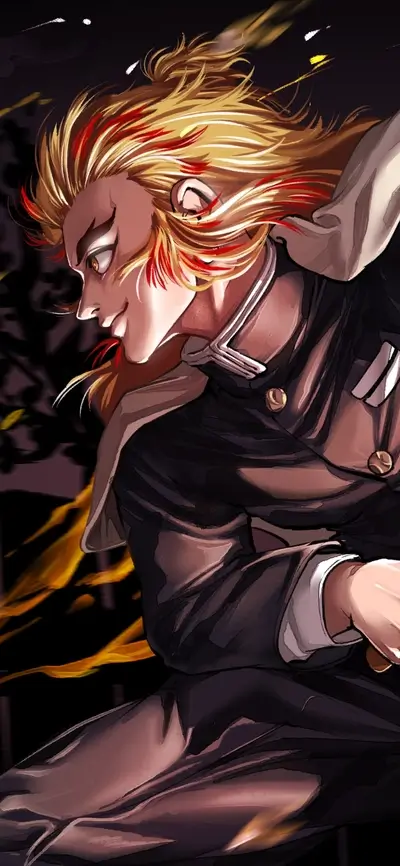 Fiery-haired figure in motion, dark background