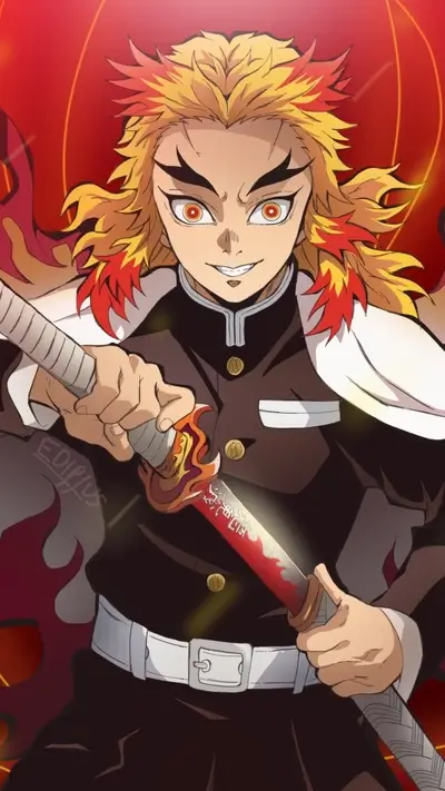 Fiery-haired swordsman, intense gaze, red background
