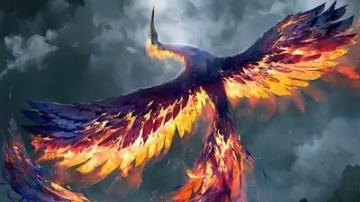 Fiery phoenix soaring through dark clouds