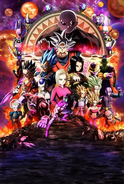 Fighters stand strong with fire and starry sky, powerful foes above, ready to fight