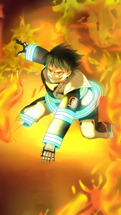 Figure jumping amidst flames, fiery gaze, suited in protective gear, determined expression