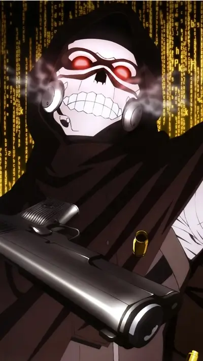 Figure shrouded in darkness, skull mask, red eyes, gun, and digital background.