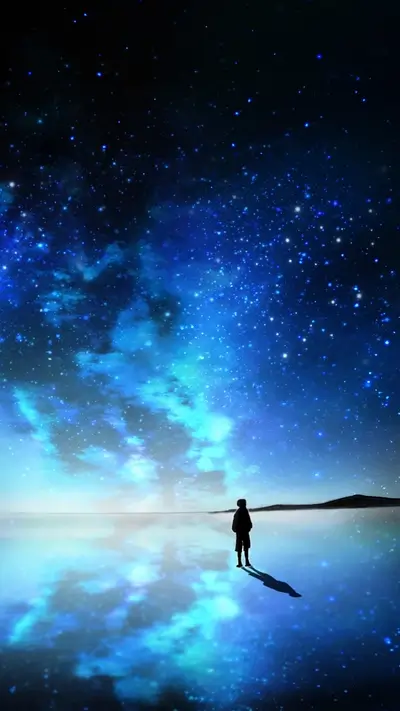 Figure standing alone on reflective surface under a starry, celestial expanse
