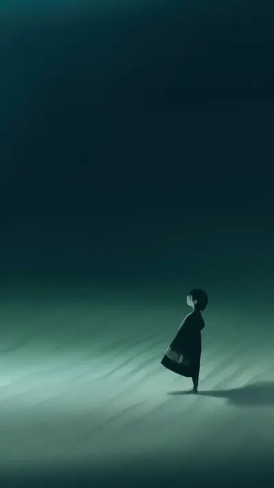 Figure stands quietly in a surreal, minimalistic landscape under dark sky