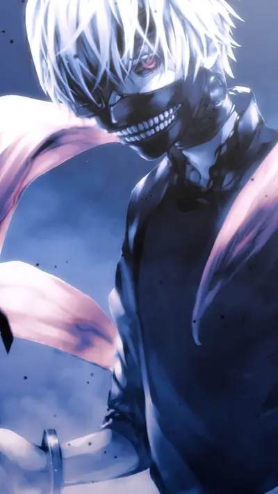 Figure wearing dark mask, piercing red eye showing, with glowing white hair