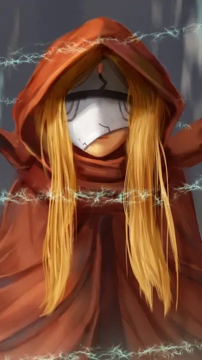 Figure with orange cloak, white mask, blonde hair, surrounded by electric arcs.
