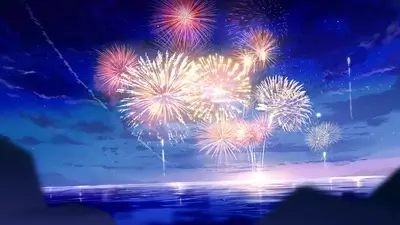 Fireworks over a calm sea at night