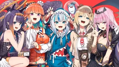 Five anime girl characters posing together against a red background