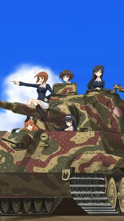 Five anime girls riding on a camouflaged tank in the sky