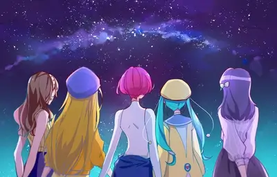 Five anime-style girls gazing at the star-filled night sky