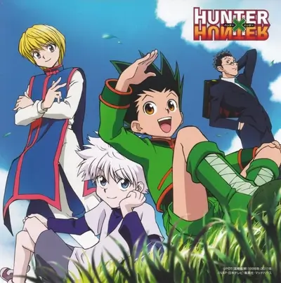 Five characters from Hunter x Hunter posing happily in a bright outdoor setting.