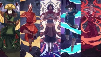 Five characters, standing from left to right, displayed as panels