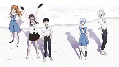 Five characters standing on white sand under bright sunlight