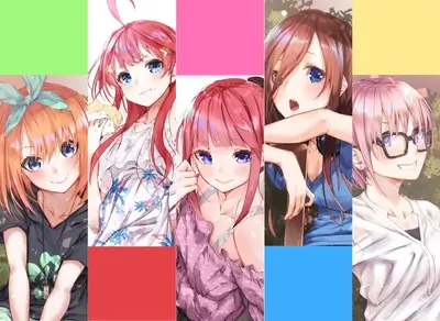 Five cute anime quintuplet girls with colorful background shapes around them, smiling