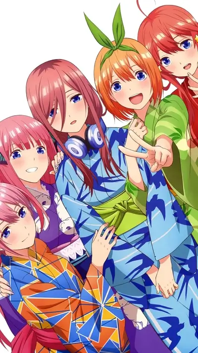 Five girls in yukata, smiling and posing together