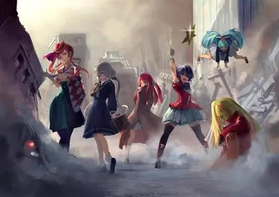 Five girls stand amidst ruins, one girl flies above