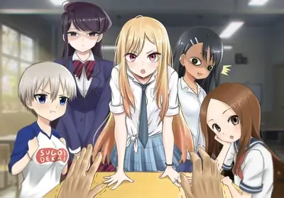 Five schoolgirls gathered around a table