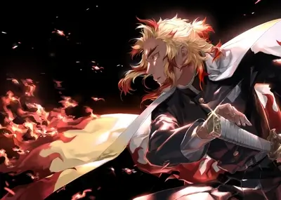 Flames engulfing a figure wielding a sword