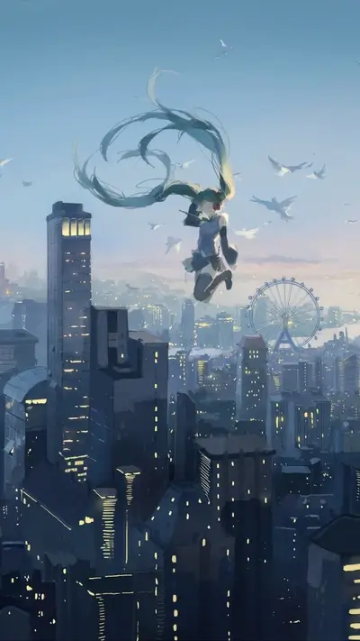 Floating anime character above city skyscrapers during daytime, with many birds.