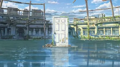 Flooded city ruins with a weathered door