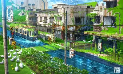 Flooded city street with overgrown buildings and a tram