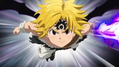 Flying forward with dark energy mark and golden spiky hair