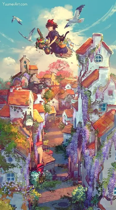 Flying girl with black cat and colorful flowers over village