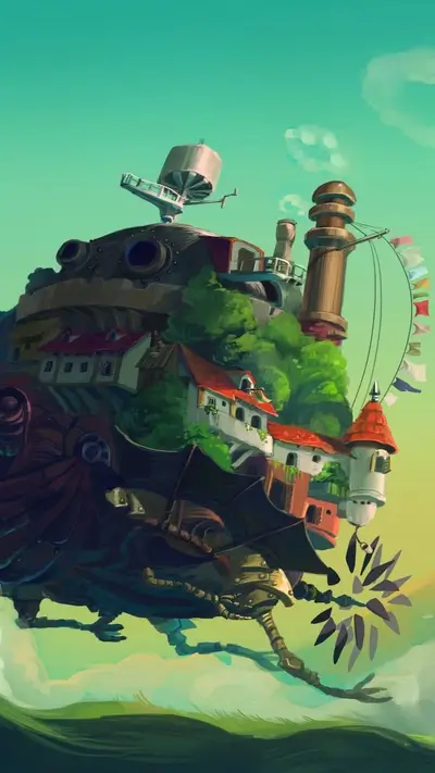 Flying island with houses and steampunk elements