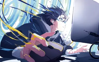 Focused coder in action, vibrant energy surrounds him