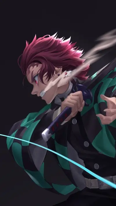 Focused swordsman from Kimetsu no Yaiba wielding katana