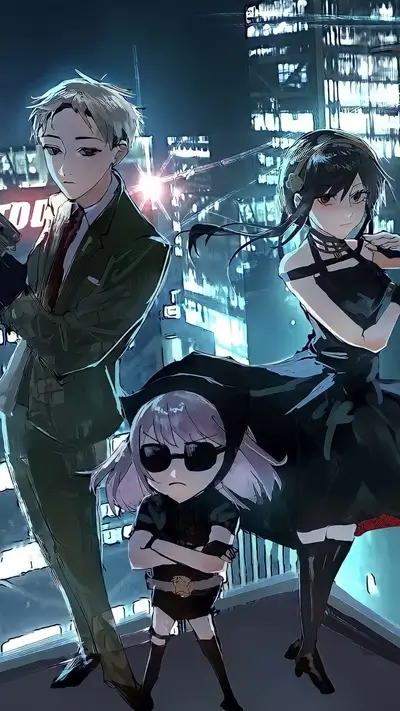 Forger family in suits stands against city lights, serious faces