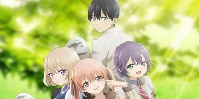 Four characters hanging out together in a bright green sunny field