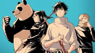 Four characters standing together against a bright blue background