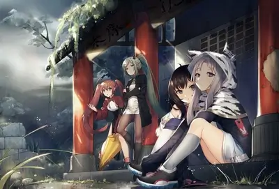 Four girls in the rain by a Japanese structure