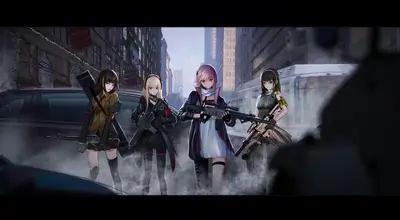 Four girls with guns walking down a city street