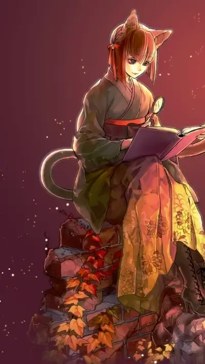 Fox-eared girl reading book with a magnifying glass.
