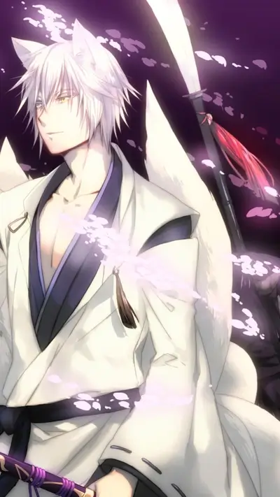 Fox-eared man with katana and white kimono, mysterious atmosphere