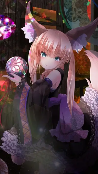 Fox girl in a dark dress holding a decorative ball