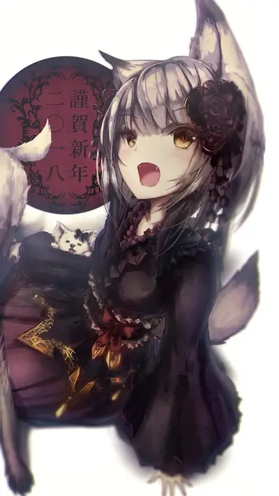 Fox girl in dark dress, holding a small fox