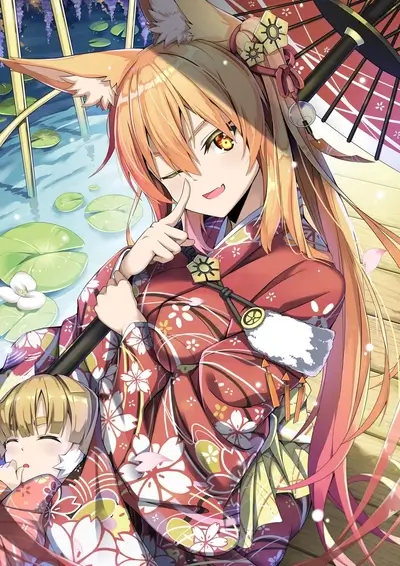 Fox girl in kimono holding umbrella by pond, child beside her