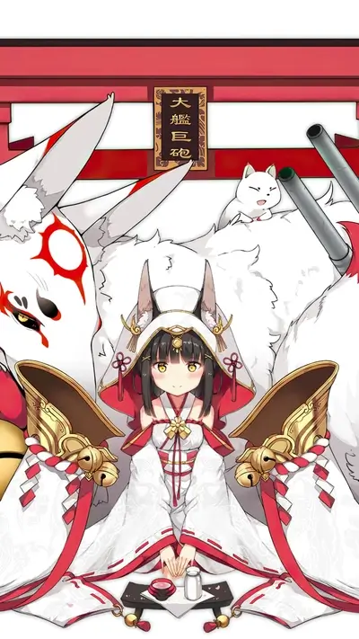 Fox girl in shrine maiden attire surrounded by fox spirits