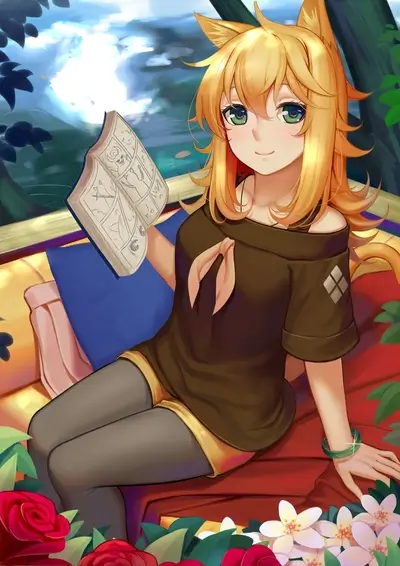 Fox girl reading a book outdoors